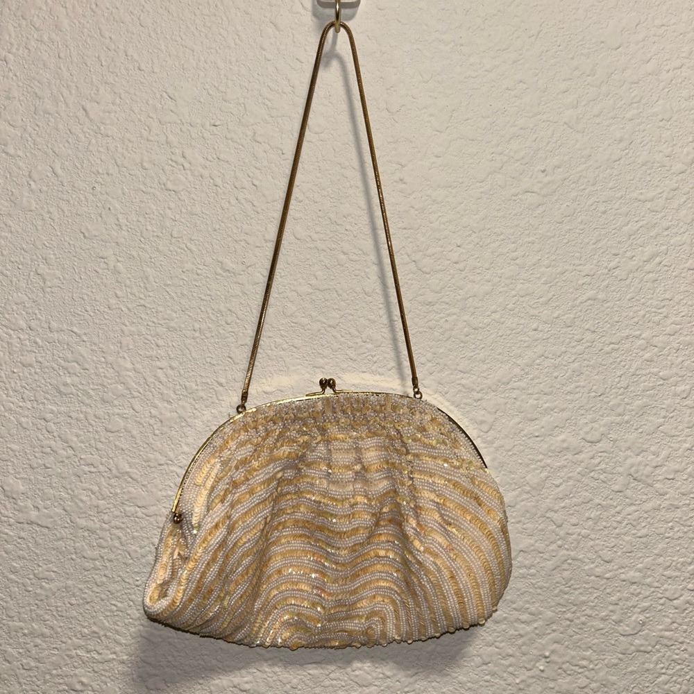 Mid Century By Josef In France Sequin & Beaded White and Gold Handbag SnakeChain